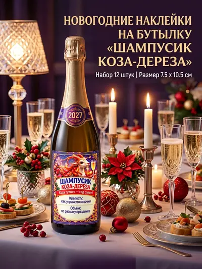 Наклейки на бутылку для Нового года "Шампусик: Коза-Дереза", 12 шт., 7,5х10,5 см